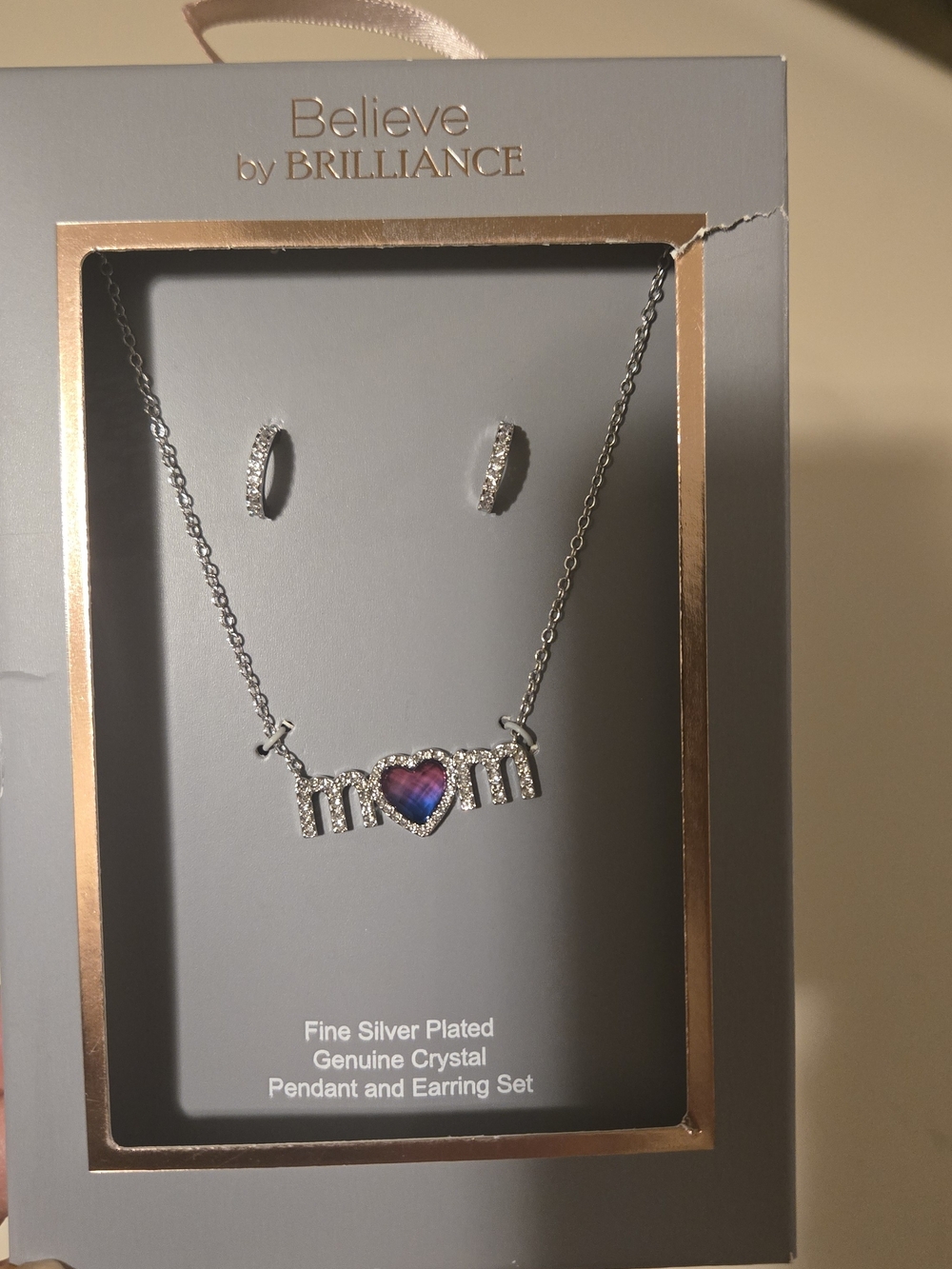 Silver Plated 'Mom' Necklace & Earring Set - Purple Heart